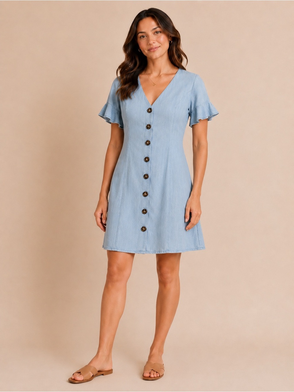 Miss Me Chambray Button Front Dress Small | Denim Look Mini Dress Flutter Sleeve